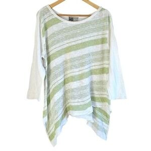 Habitat Green White Striped Linen Cotton Knitted Sharkbite Hem 3/4 Sleeve Top